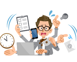 A cartoon man frantically juggles a laptop, phone, clock and more.